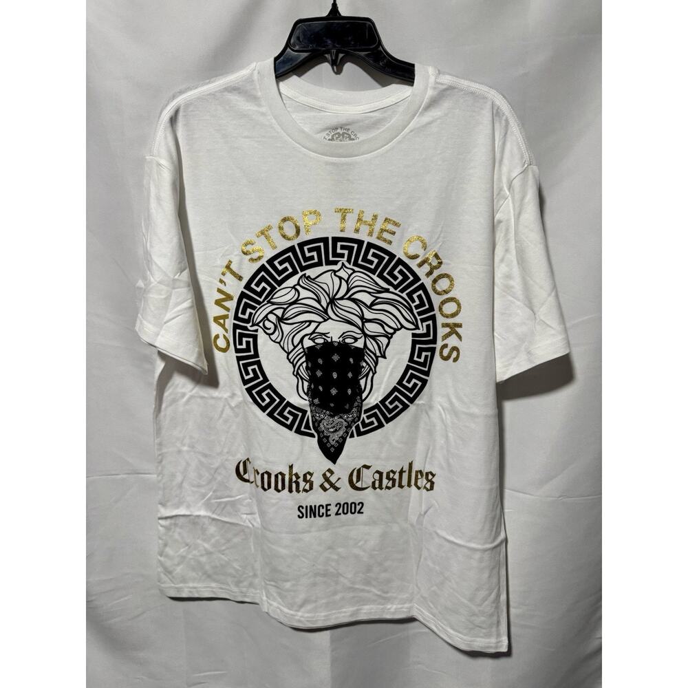 Crooks & Castles T Shirt Mens Size L White Gold Medusa Y2K Streetwear